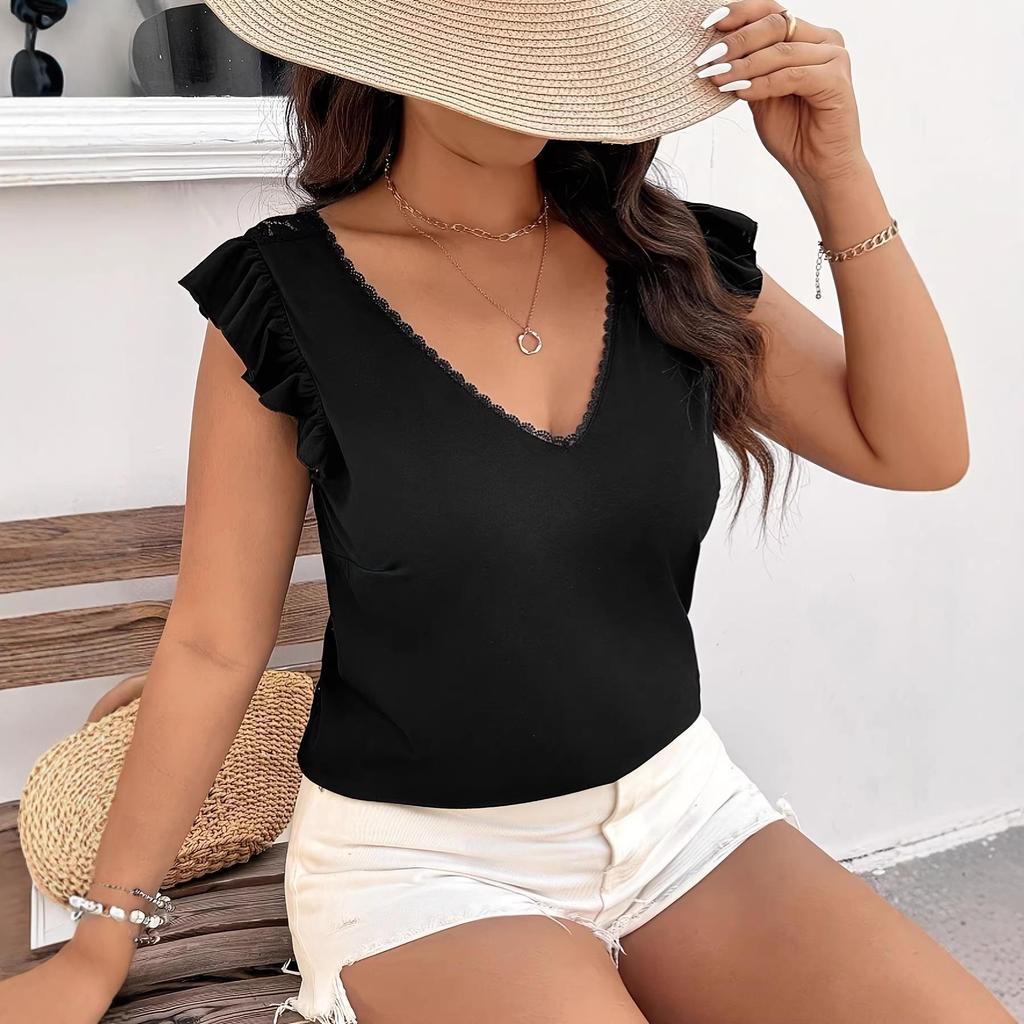 Plus Size Women's Lace Patchwork Button-Decorated Short Sleeve Top