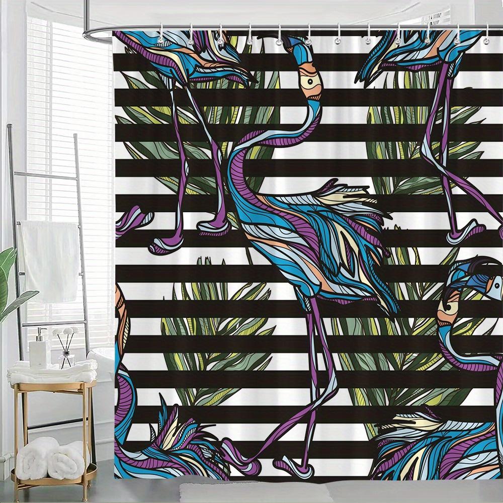 

1Pc Abstract Blue Flamingo Shower Curtain With Black Striped Background & Green Palm Leaf Design - Stylish Bathroom Decor, W60H190(CM)-1 Pcs