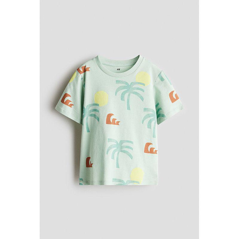 

HM Children s Clothing Boys T-shirt Fall 2025 New Cartoon Fashionable round Neck Short Sleeve Loose Tops 1216652 Light green/Palm Trees 130/64((6-8Y))