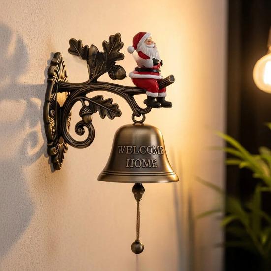 Christmas Welcome Home Bell Wall Mounted Rustic Metal Doorbell Vintage Santa Reindeer Snowman Penguin Hanging Dinner Bell for Front Door Yard