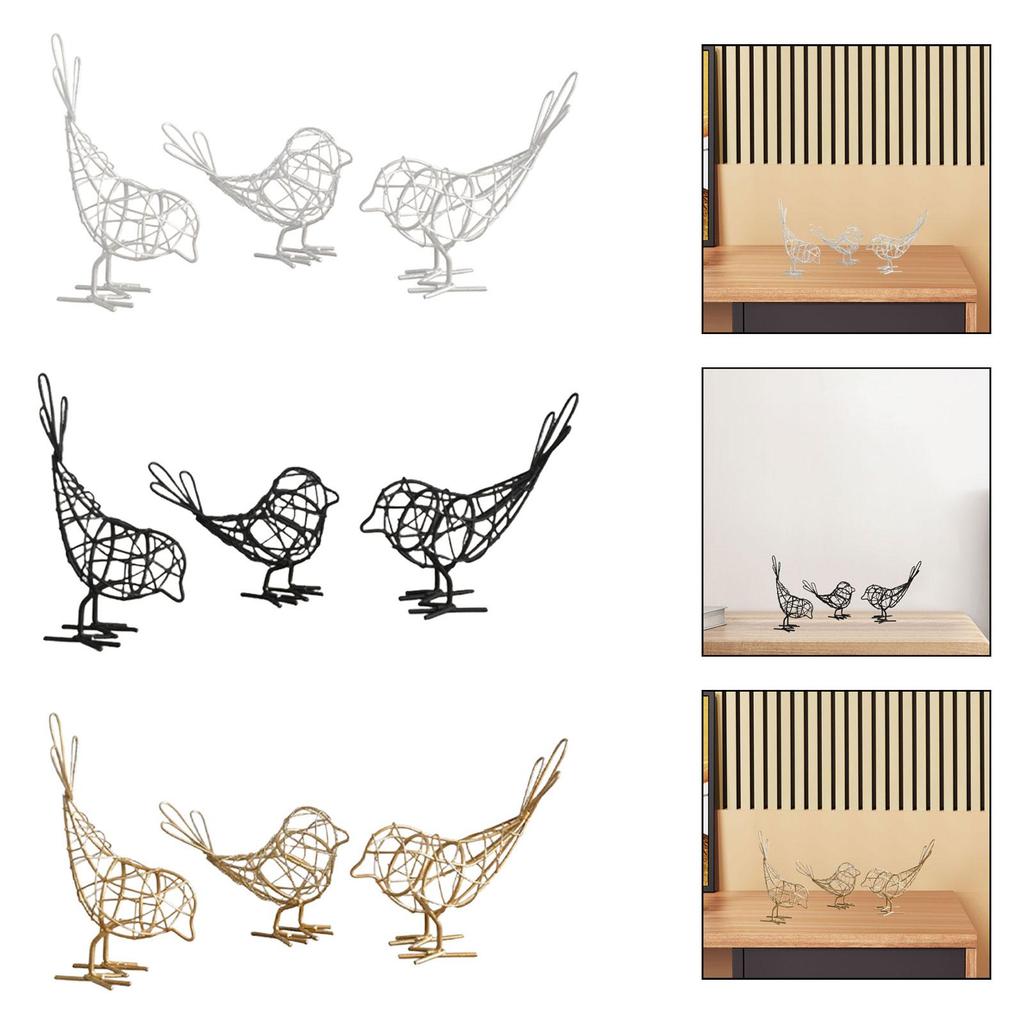 3Pcs Bird Statue Animal Sculpture Hollow Crafts Decorative Gift Artwork Metal Figurine for Bedroom Housewarming Hallway Desk