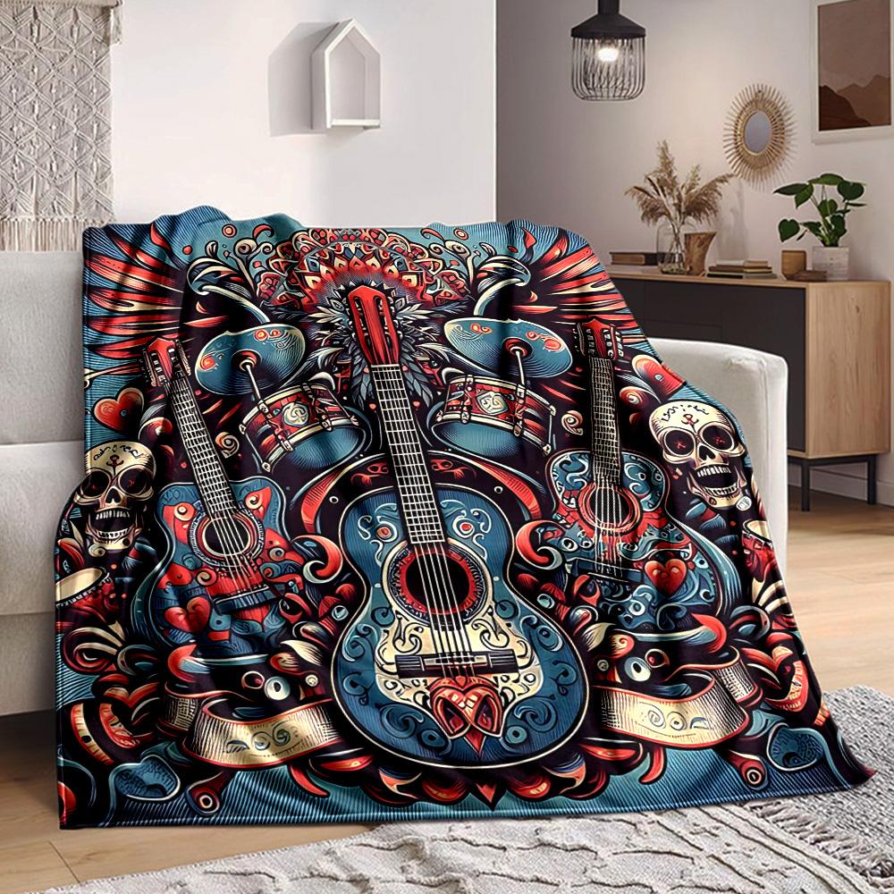 1pc Guitar Music Lightweight Flannel Blanket, Comfortable and Warm Blanket, for Office and Camping Sofa Bed, Livingroom205