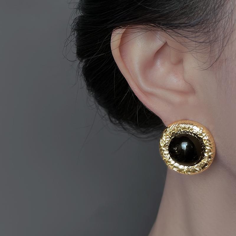 Orecchini a Bottone Neri in Pietra con Rilievo Vintage per Donna Eleganti Retrò Rotondi Minimalisti Eleganti Classici Gioielli per Uso Quotidiano