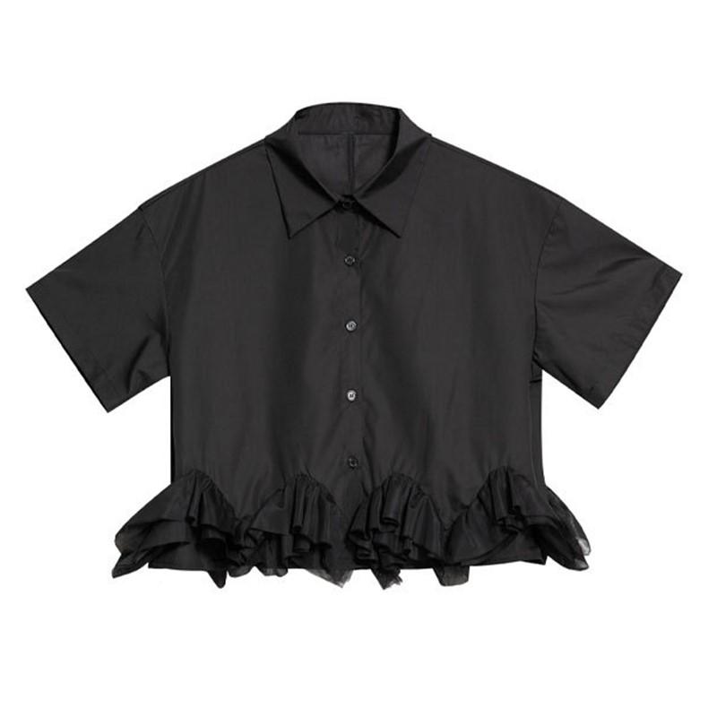 short sleeve oversized cotton mesh vintage black shirts & blouses for blouse Casual loose summer crop tops women button up shirt
