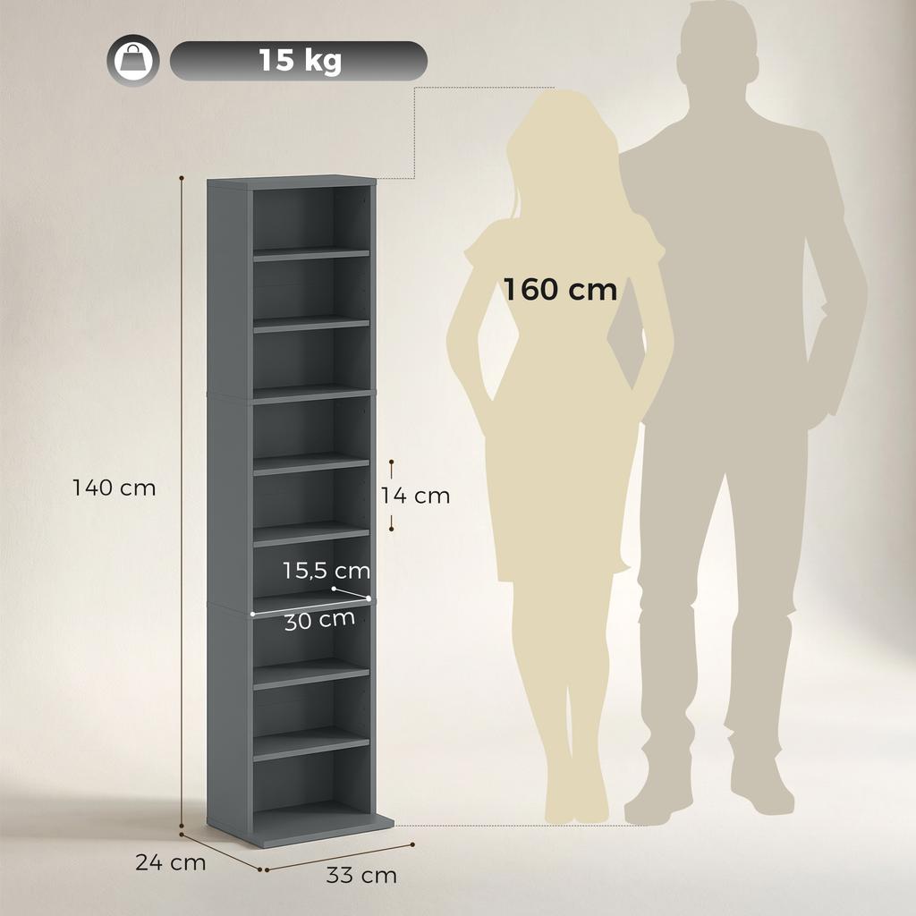 CD/DVD Storage Unit, 9 Compartments, 6 Adjustable Shelves, 260 CDs/120 DVDs, 33 x 24 x 140 cm, Grey
