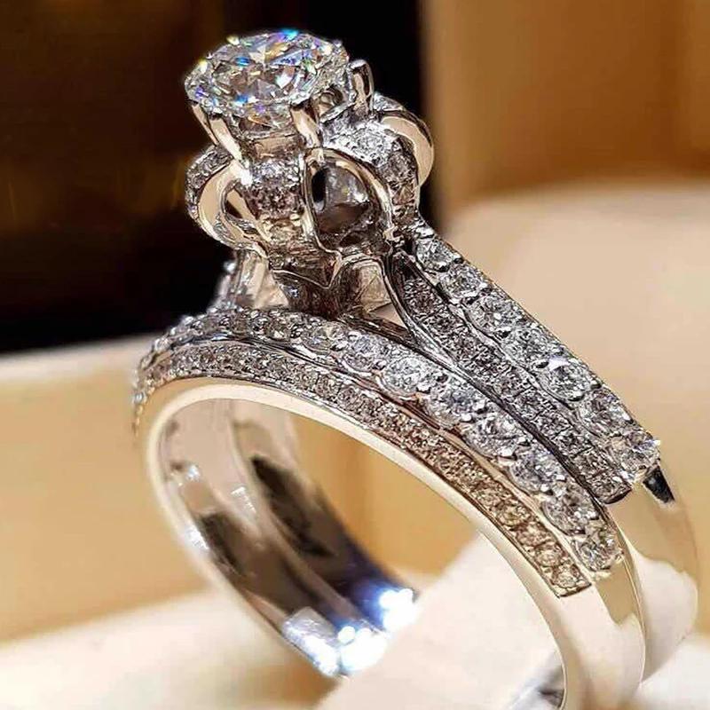 2 PCS/Set Series ! Trendy Milangirl White Crystal Round Ring Set For Women Girls Wedding Engagement Party Fashion