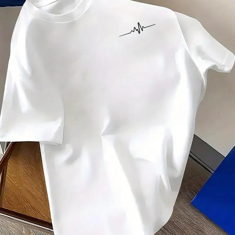 

European Size Plus Size Men s T-Shirt Cotton, Minimalist Fashion, ECG Line Print on Chest, Comfortable Casual Short-Sleeved T-Shirt for Summer S белый
