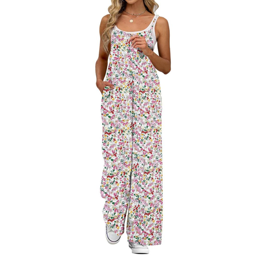 Damen Spaghetti-Träger Ärmellos Floral Jumpsuit Locker Hohe Taille Freizeit Weites Bein Overalls