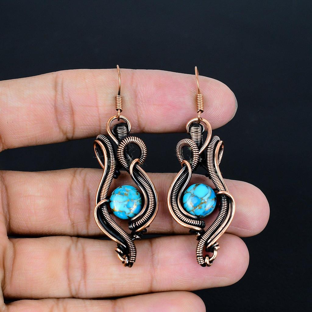 Blue Copper Turquoise Handmade Gemstone Earrings,  999 Copper Wire Wrap Earrings Antique Jewelry, For Engagement Gift