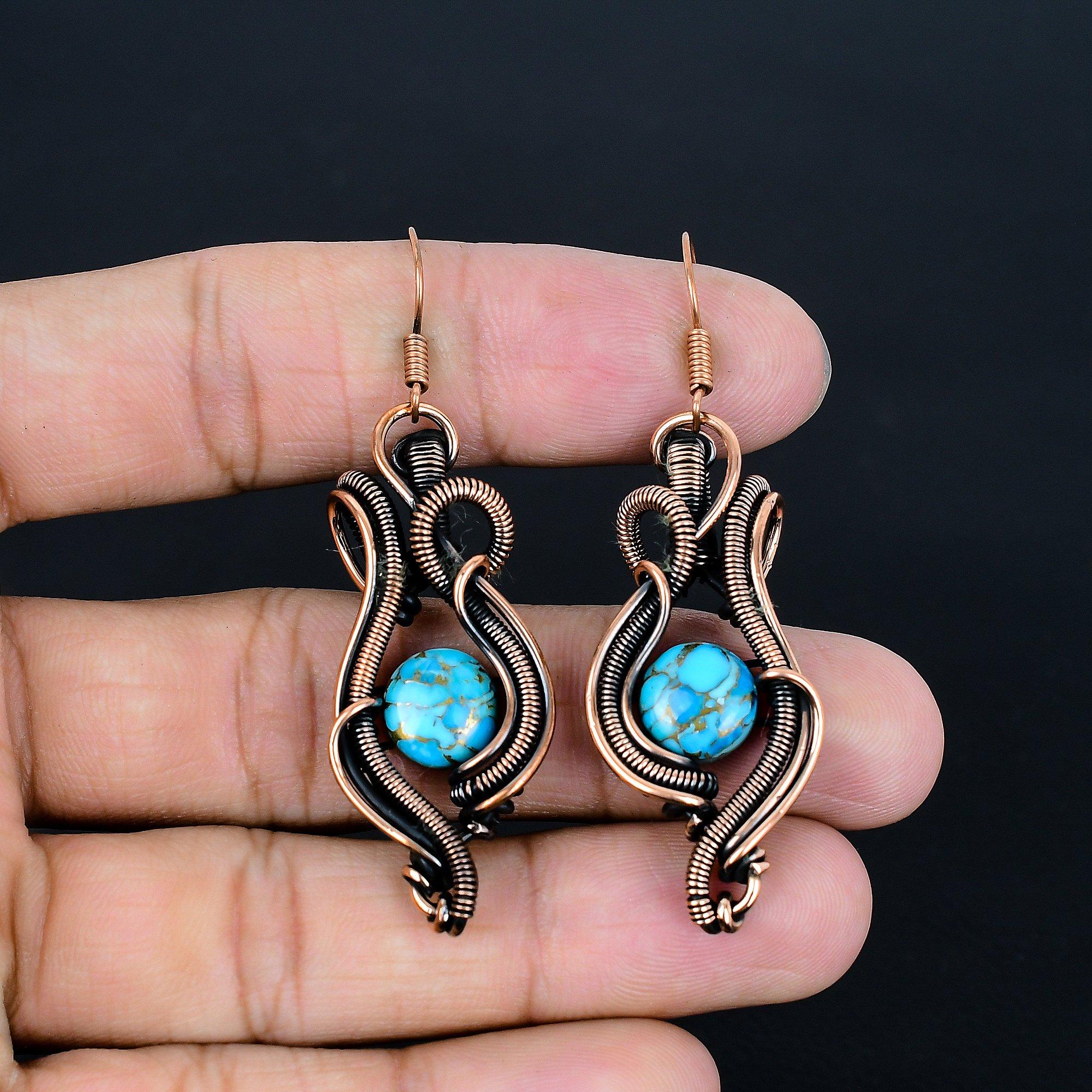 

Серьги из голубой медной бирюзы ручной работы, серьги с обмоткой из медной проволоки 999 пробы, антикварные украшения, для подарка на помолвку 2.48 Inches