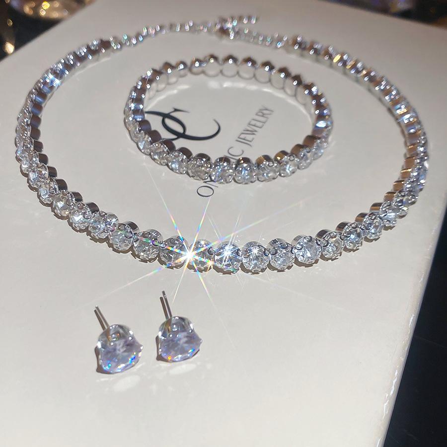 Diamond round stud earrings bracelet necklace cold wind jewelry set decoration women