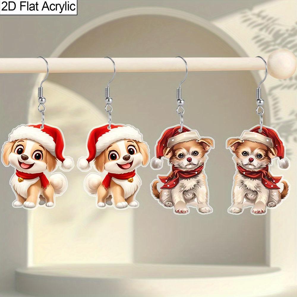 Weihnachtsgeschenk Acryl Damen Modische Hängeohrringe, Krummer Hund mit Weihnachtsmütze Form Design für Damen Tägliches Matching