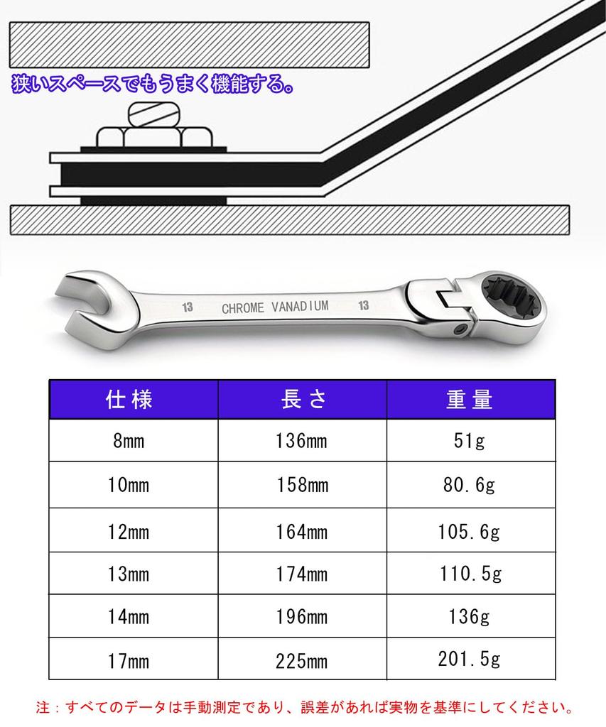 BTtime Flex Ratchet Swivel Spanner Combination Storage Bag Adjustable 72 for Car Auto DIY Repairs Wrench, 6-Piece Set, Ratchet, Dual-Use Head, Wrench,