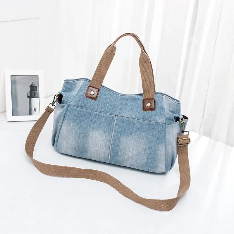 Casual Denim Crossbody Handtas voor Dames - Grote Jeans Tote & Schouder Reistas lichtblauwe kleur