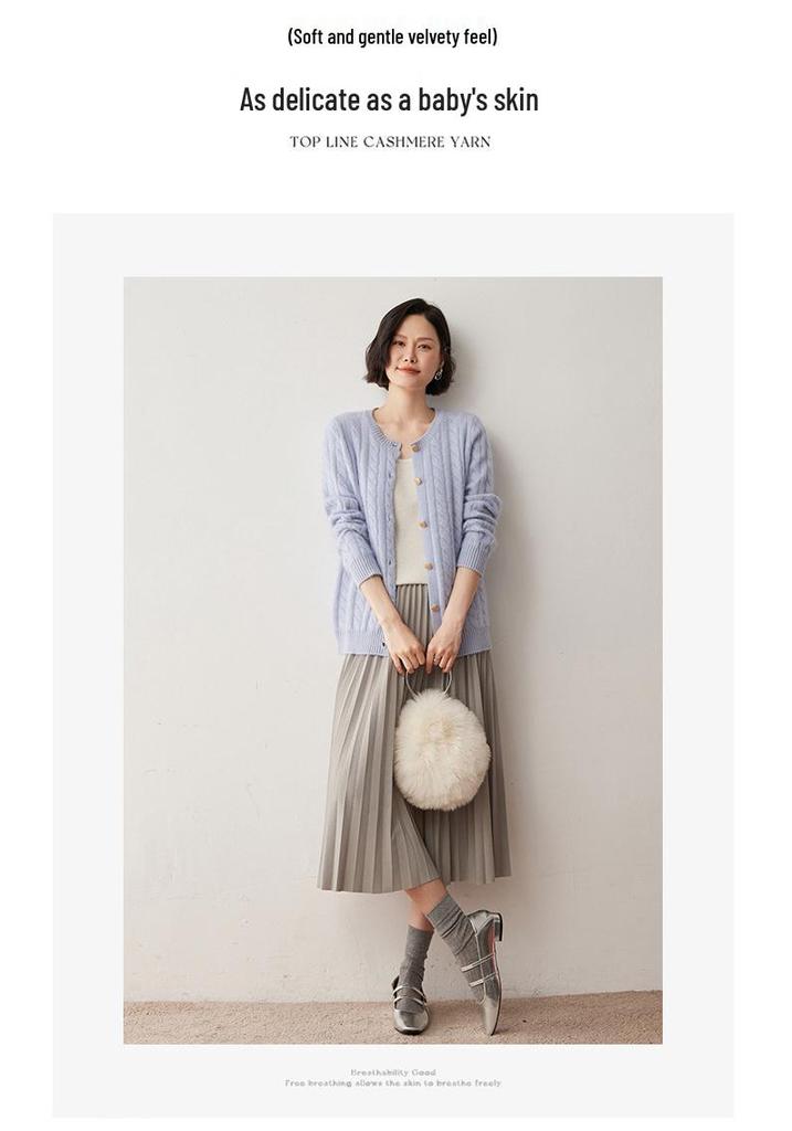 Women's Loose Fit Cashmere Cable Knit Cardigan - Long Sleeve, Round Neck, Autumn/Winter 2024 Collection