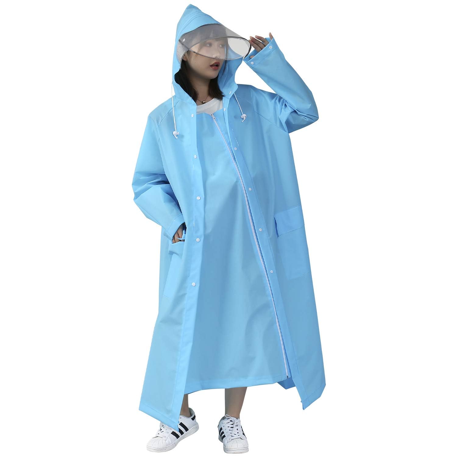 

Плащ с двойным козырьком и 2 дождевыми карманами, длинный, стильный, для дождливого сезона, для велосипедов и для поездок на работу или снегозащитный [BXINF], унисекс, пончо, синий