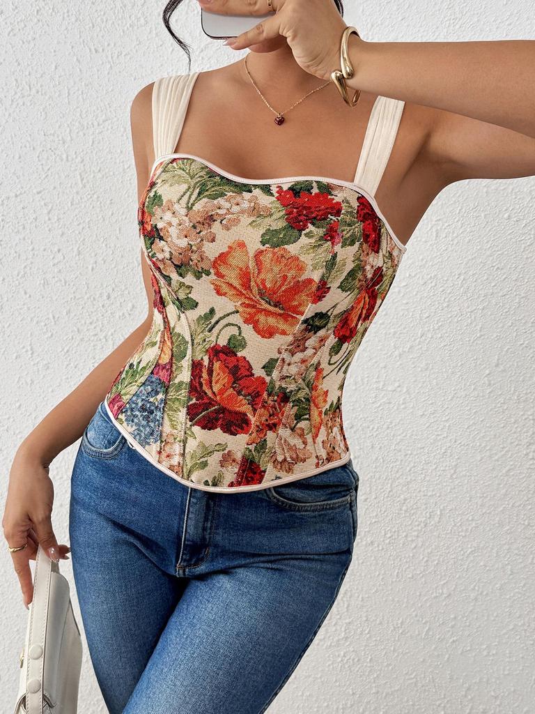 Retro Print French Fishbone European Slimming Outerwear Inner Layer Camisole Top