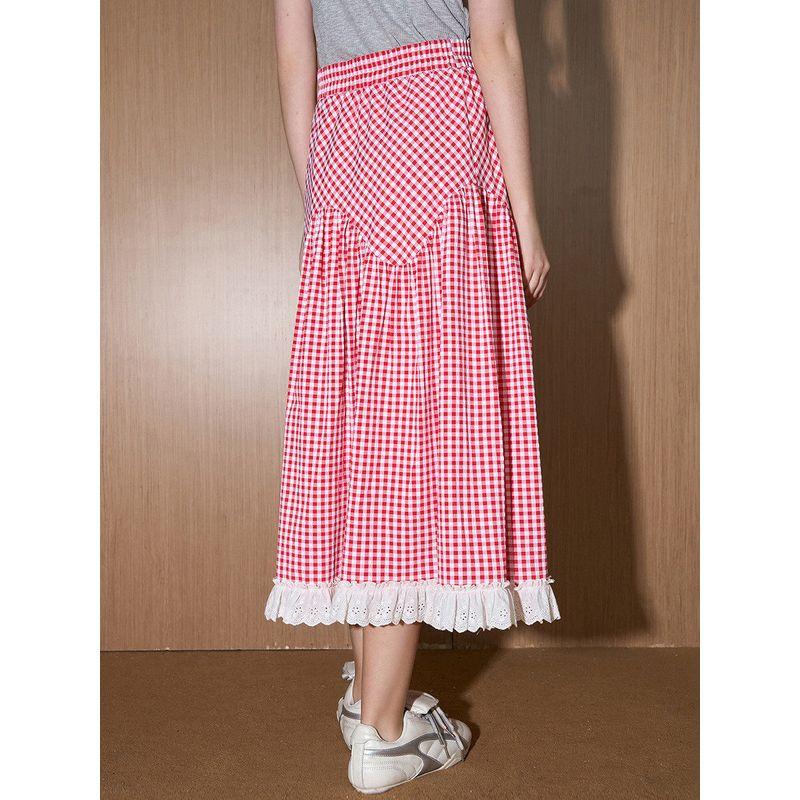 Coolhut2025 Summer Asymmetrical Lace Patchwork Plaid Skirt Pleated High-Waisted Umbrella Skirt