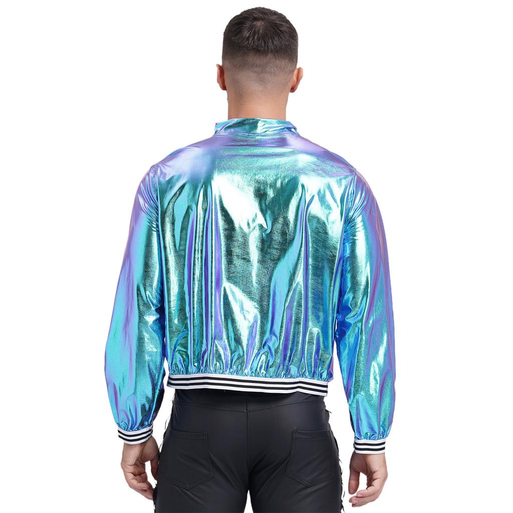 Mens Metallic Bomber Jacket Striped Band Long Sleeve Shiny Outerwear Club Coat Street Style