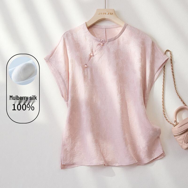 Women s 100% Mulberry Silk New Chinese Style Jacquard T-Shirt M