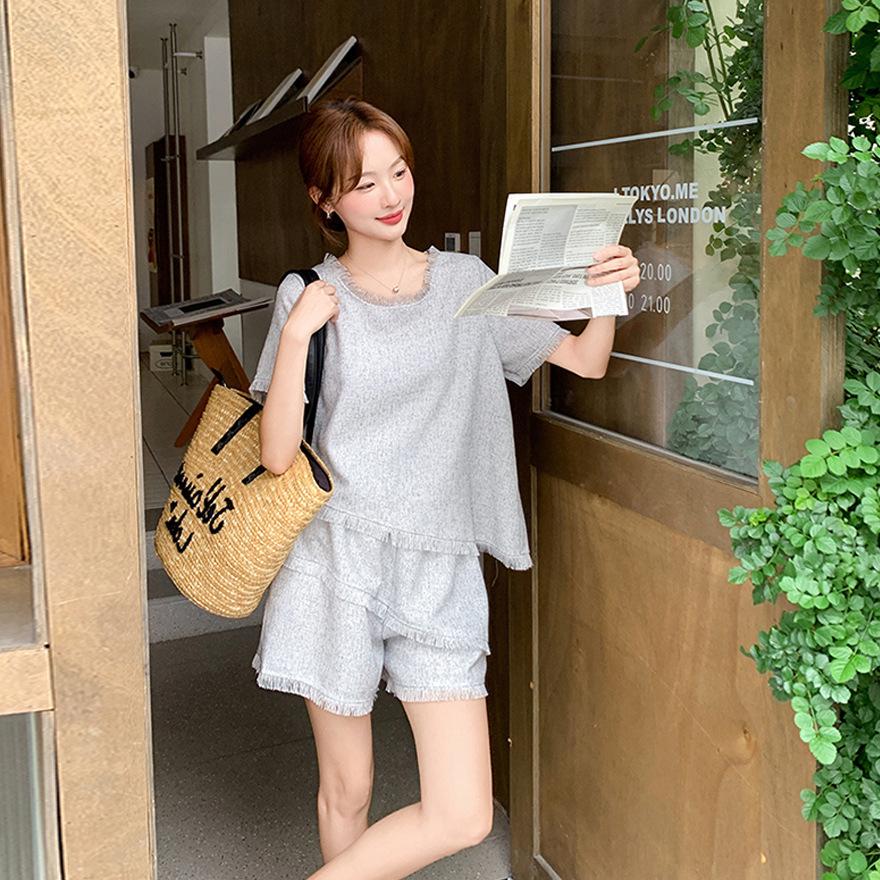 Tassel gray top shorts set women's summer new popular two-piece set