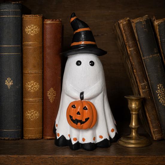 Durable Halloween Decoration Ghost Figurine, Cute Wearing Hat And Holding Home Decor Pumpkin Statue, Resin Ornament for Shelf Tabletop Realistic