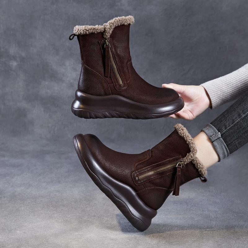 Johnature Thick Soled Genuine Leather Women's Boots Plush Warm Cotton Shoes Versatile Mid-calf Boots