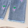 Girls' Purple Suit Summer Children's Casual Top + Grape Embroidery Jeans Set