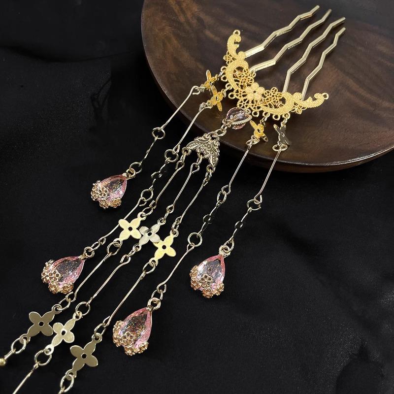 Chinese Hanfu Hair Accessories For Women Floral Tassel Hair Forks Traditional Bride Hairpin Vintage Headdress