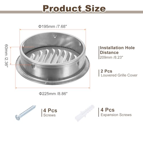 Uxcell 200mm Ronde Ventilatierooster Afdekking met Horrengaas en Schroeven, 214 Roestvrij Staal, voor Huisverbouwingen, Wandmontage, Zilver, 2-delige Set