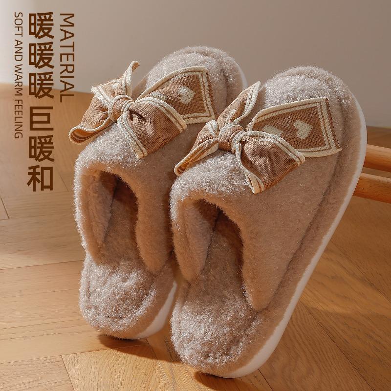 Sweet Creative Bow Cotton Slippers Autumn and Winter Home Indoor Non-slip Warm Plush Girl Heart Girl