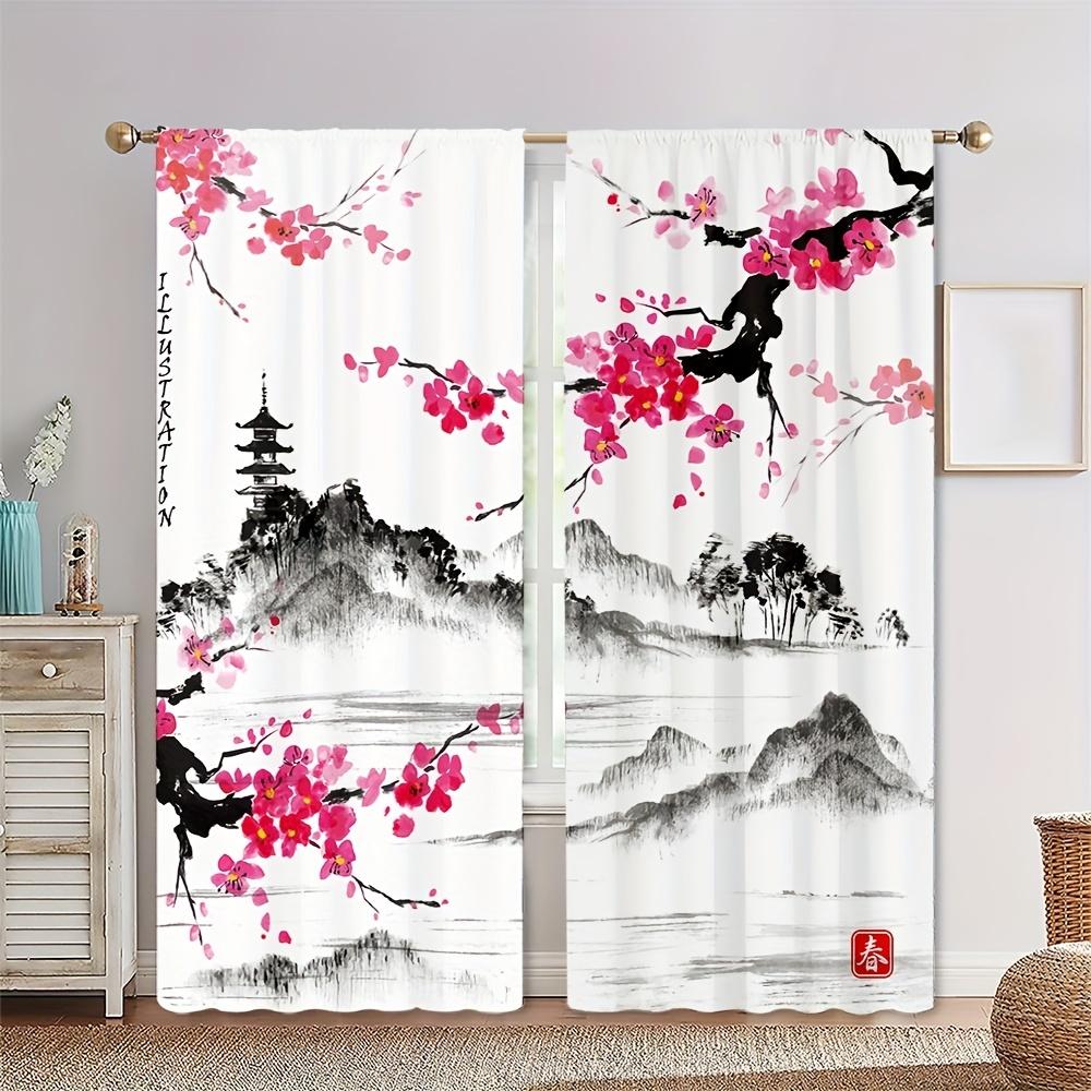 Custom Japanese Landscape Curtains Mount Fuji Red Maple Tree Theme Japanese Restaurant Window Semi-blackout Curtains 2Panels
