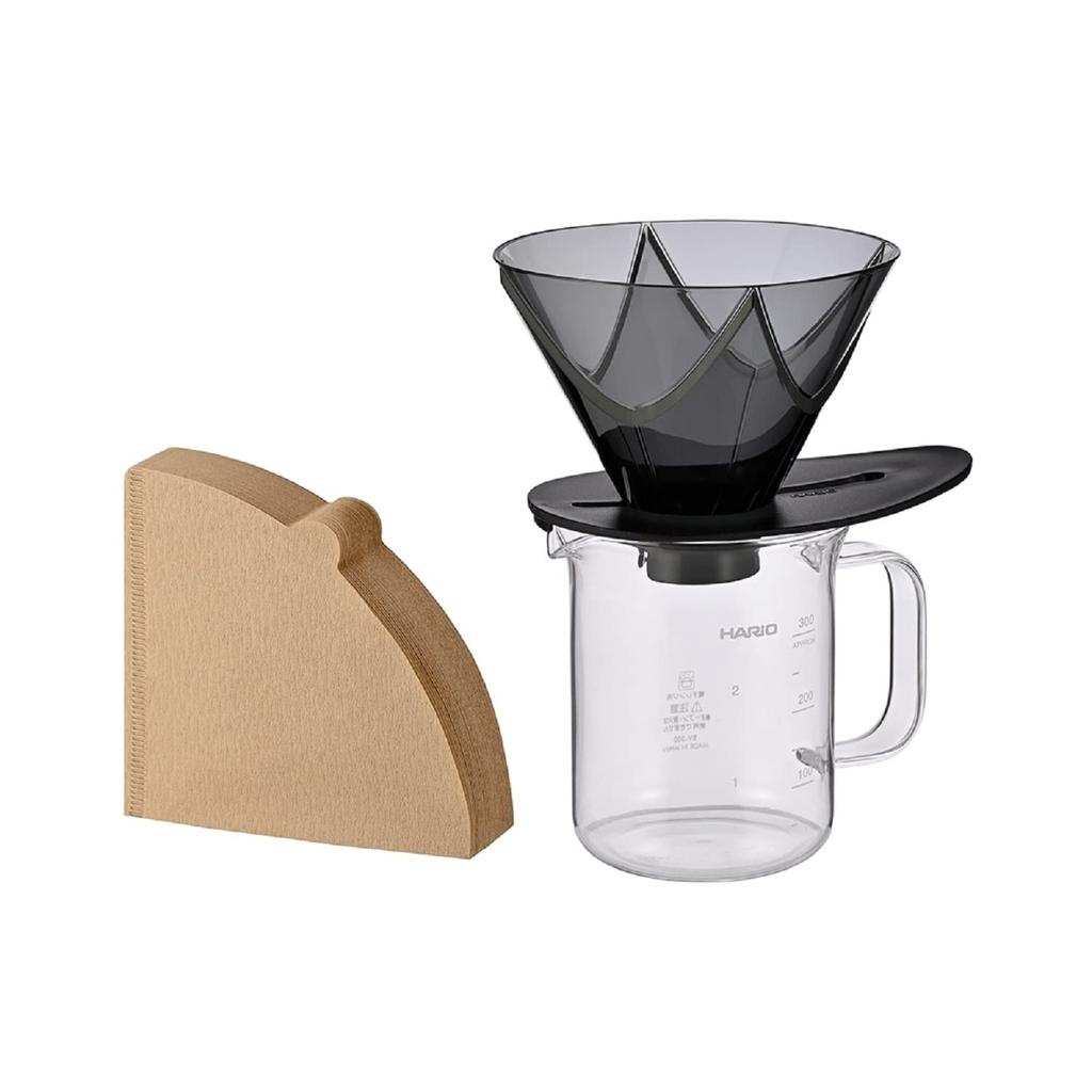 HARIO MUGEN Dripper Server Set (for 1-2 Cups), 300ml Capacity, Transparent Black, Made In Japan, VDMU-2018-TB