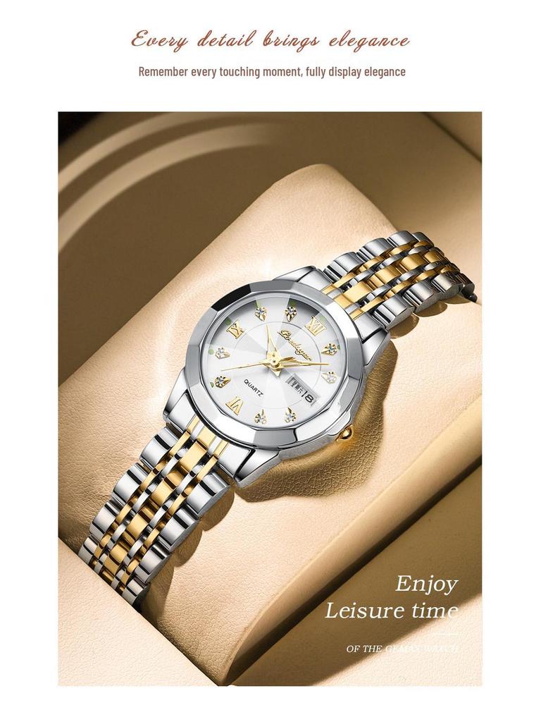 Ceas de mână nou elvețian pentru femei, rezistent la apă, luminos, cu calendar dublu