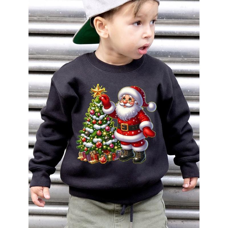 Christmas Boys' Autumn And Winter Fashion Fleece Sweatshirt with Santa Claus Cartoon Pattern Print