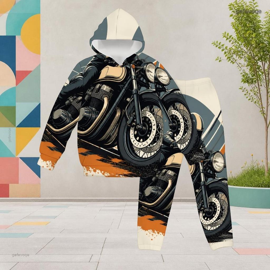 Girls Hooded Long Sleeve Printed Casual Two Piece Outfit Kangaroo Pocket Cuffed Pants