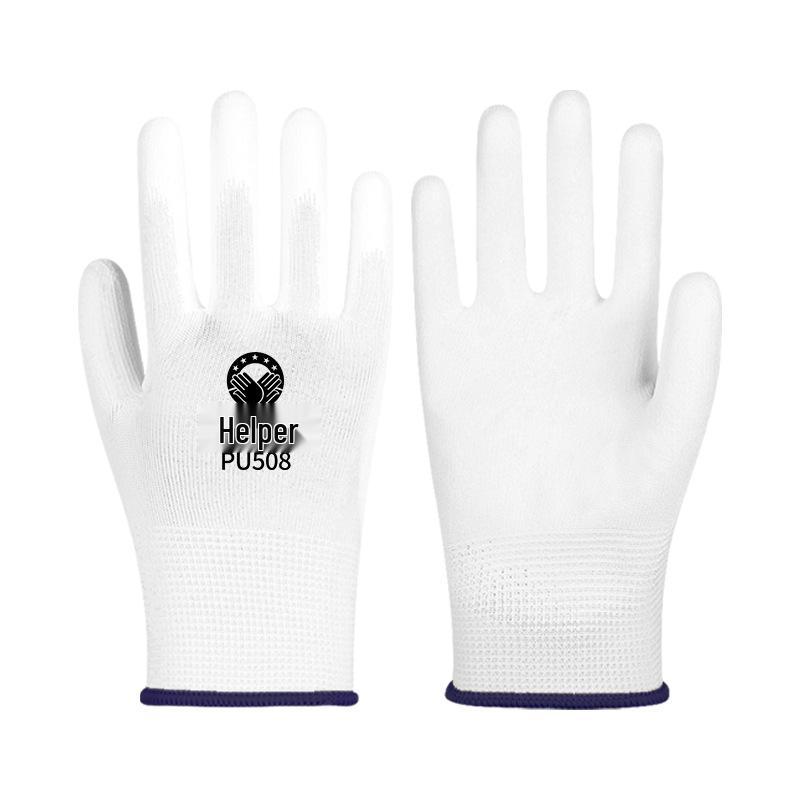Λευκά Γάντια Παλάμης με Αντιστατική Επικάλυψη PU, Χωρίς Σκόνη, Προστασία Δακτύλων με Χρωματιστή Λωρίδα