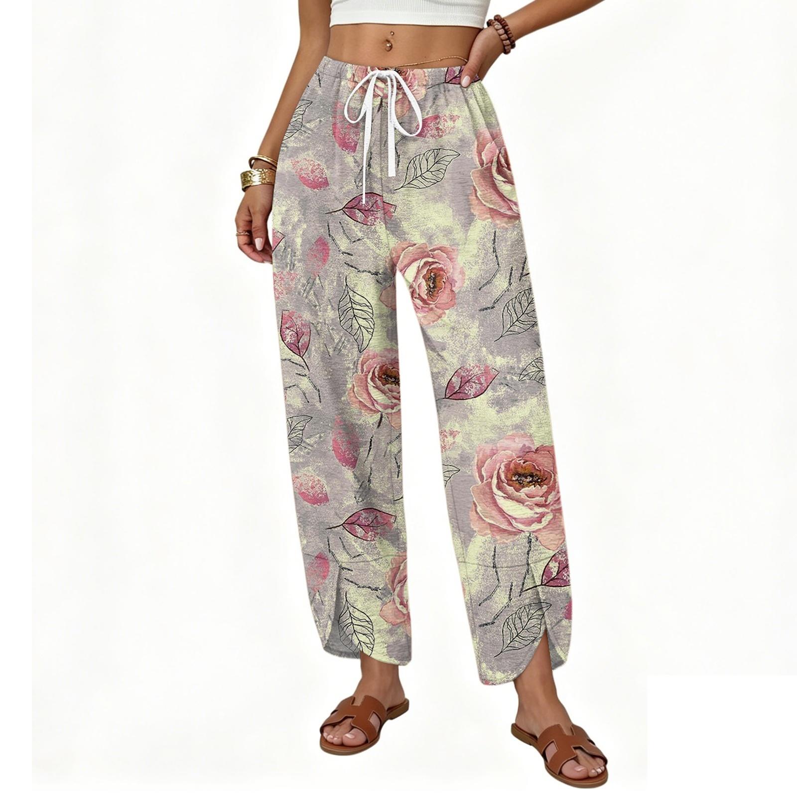 Women’s Casual Loose Straight Leg Wide Leg Pants Drawstring Waistband Printed Trousers Lightweight Relaxed Fit for Daily Wear M
