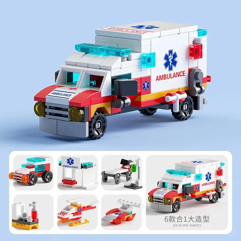 

Mini size 6 In 1 Building Blocks DIY Police Car Fire Truck Castle Model Bricks Kids Educational Toys Gifts