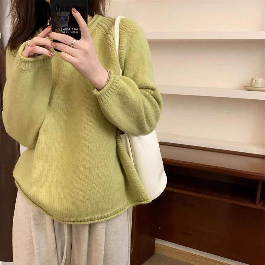 

Rolled-up Sweater for Women Solid Color Korean-style Simple Pullover Loose and Retro Knitwear Top for Autumn S