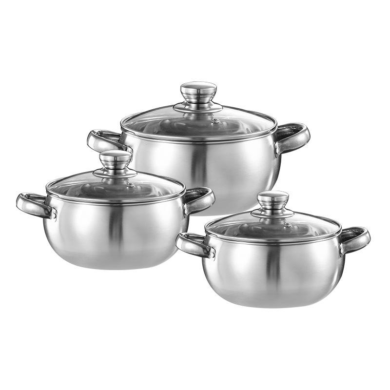 Stainless Steel Double-Ear Stockpot Set: Thickened Arc Design for Soup, Noodles, and More - 3-Piece Household Cookware Set.