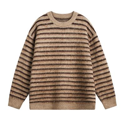 Unisex Retro Vintage Gestreifter Strickpullover mit Rippbündchen Lockerer Schnitt Lässiger Pullover