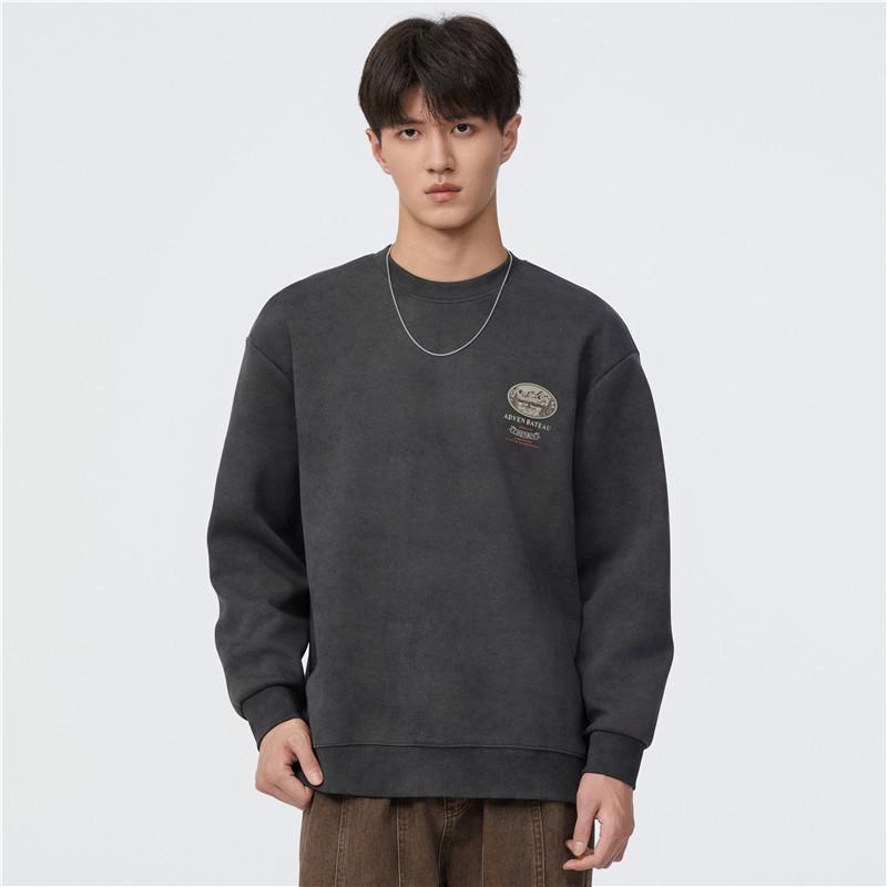 

Американский тяжелый ретро свитер с круглым вырезом мужской весенне-осенний модный брендовый свободный топ с принтом Cloud Dye Wash Off 4XL черный серый