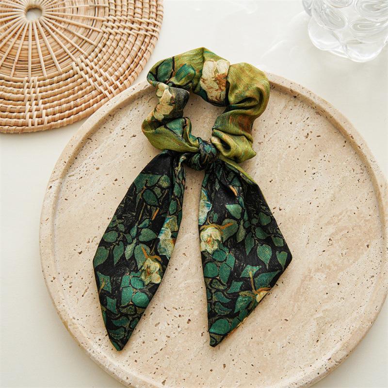 Oil Painting Print Long Ribbon Bow Scrunchies Elastic Ponytail Holder Exquisite Hair Tie Woman Rubber Band Hair Accessories Girl
