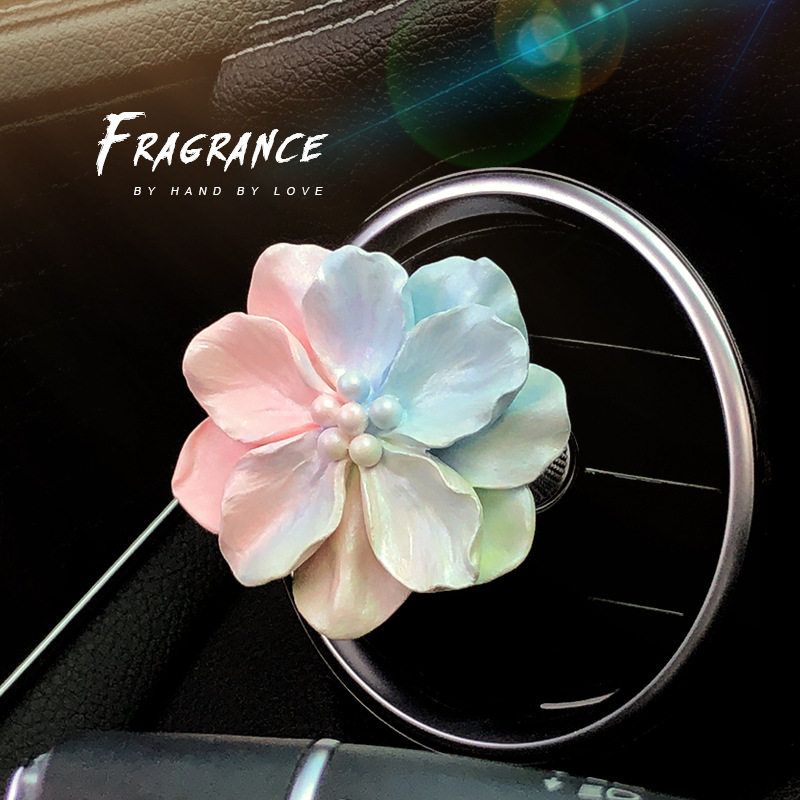New Car Air Freshener with Pearlescent Gradient Camellia Design for Car Air Conditioning Vent Decoration, Aroma Diffuser Stone Ornament for Women Camellia Macaron Teal