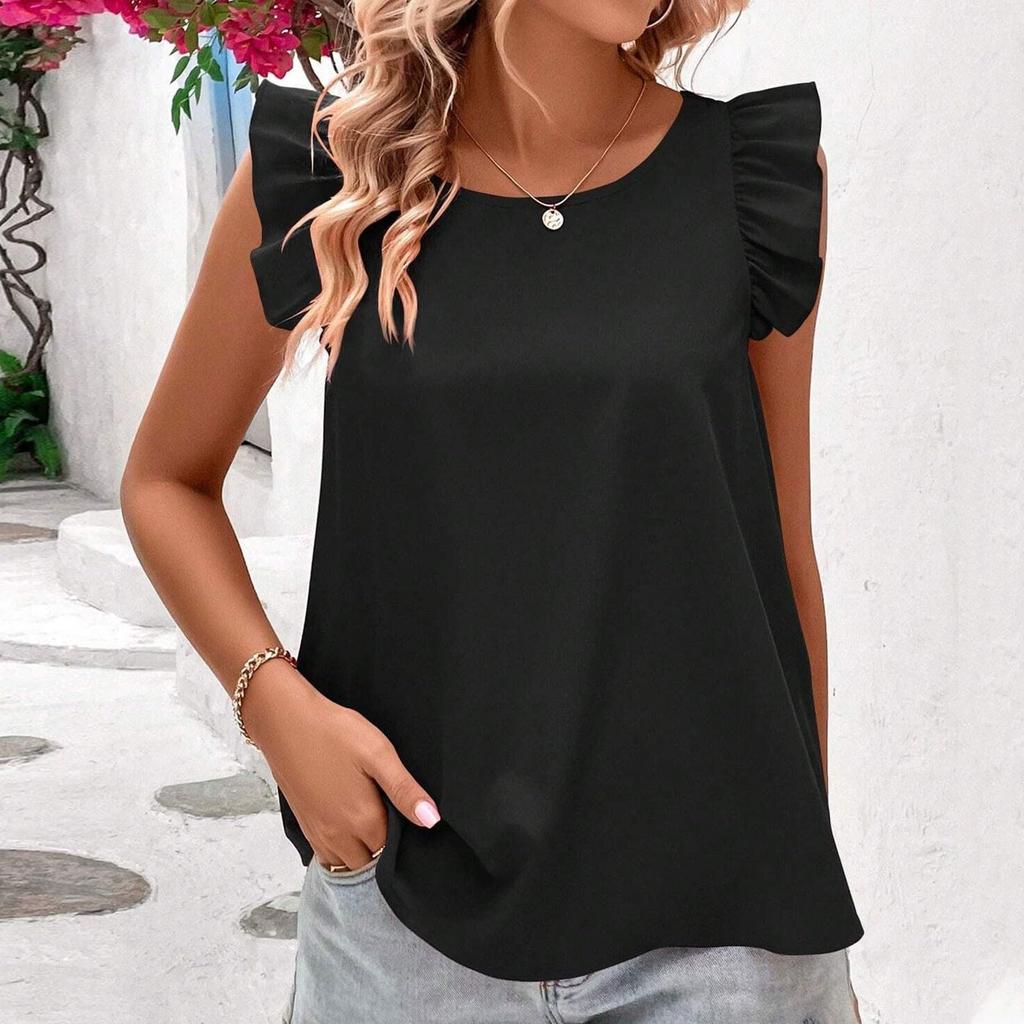 Damenmode Locker Einfarbig Fliegenärmel Rücken Elastischer Bindegürtel Lässiges Oberteil