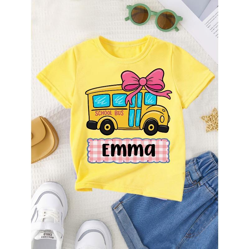 European Size Girls Round Neck Short Sleeved T Shirt with School Bus Pattern