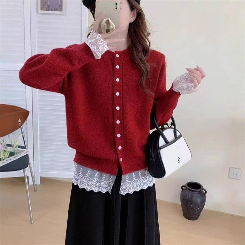 Autumn New Knitted Sweater Fashionable Versatile Splicing Lace Top Lace-up Design Cardigan Jacket Women