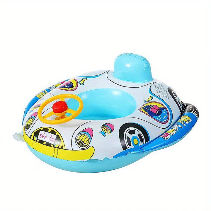 Cartoon Inflatable Swimming Ring Car with Horn & Steering Wheel for Ages 1-3