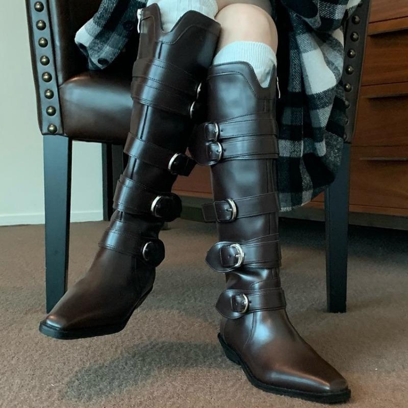 Cowhide version~ Brown boots Femininity pointed V-mouth thin belt buckle but knee high thick heel knight boots